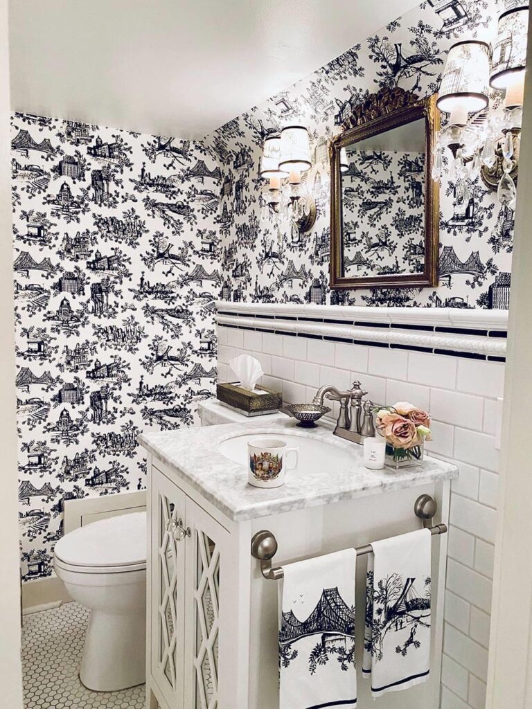 Vancity toile wallpaper in bathroom